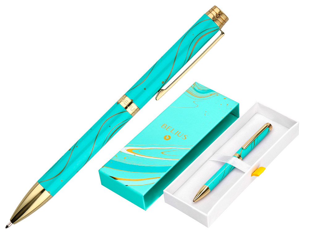BOLIGRAFO BELIUS AQUA ALUMINIO COLOR TURQUESA Y DORADO TINTA AZUL CAJA DE DISEÑO