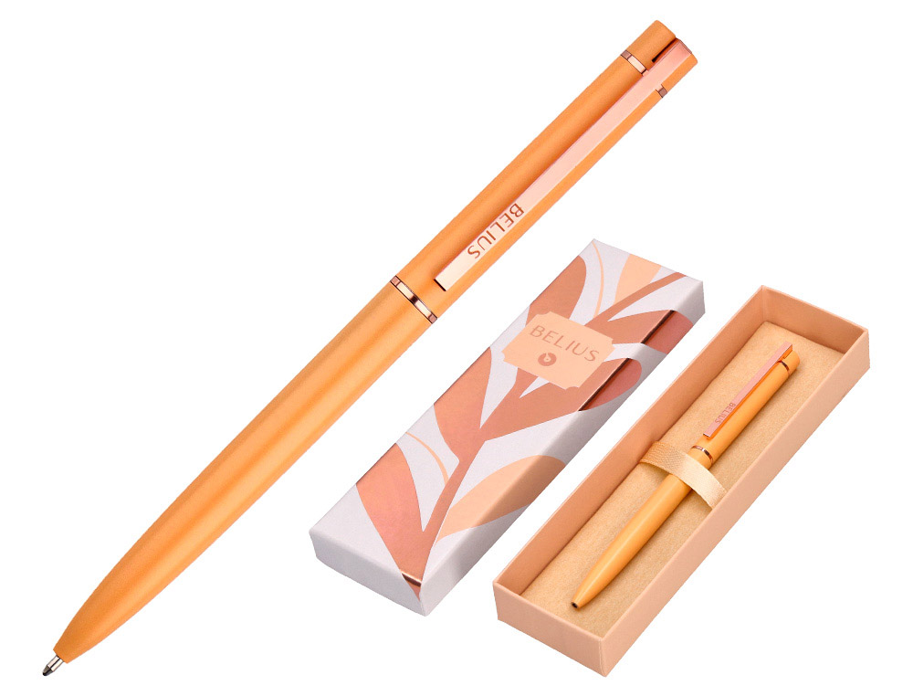 BOLIGRAFO BELIUS ROSE ALUMINIO COLOR NARANJA/ORO ROSA TINTA AZUL CAJA DE DISEÑO