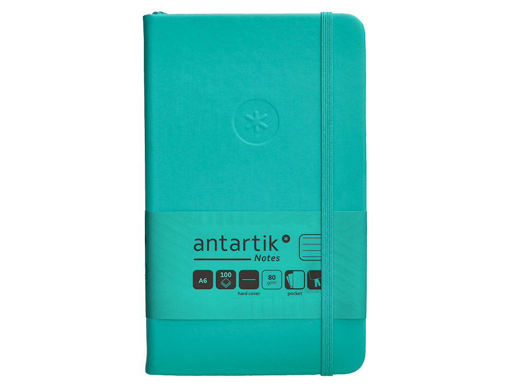 CUADERNO CON GOMILLA ANTARTIK NOTES TAPA DURA A6 HOJAS RAYAS TURQUESA 100 HOJAS 80 GR FSC