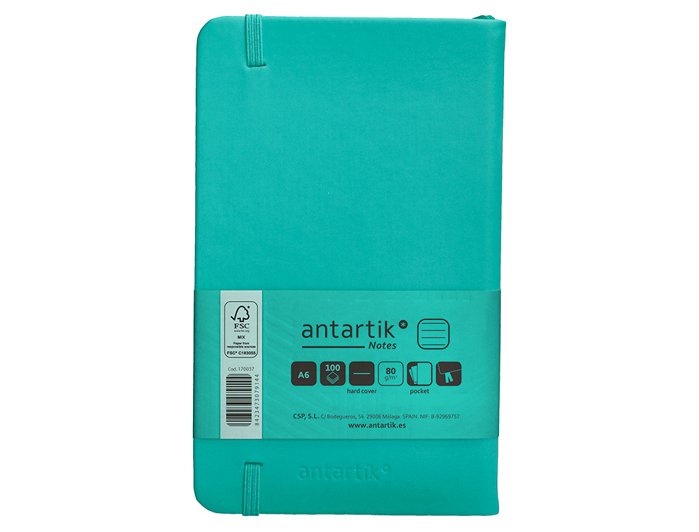 CUADERNO CON GOMILLA ANTARTIK NOTES TAPA DURA A6 HOJAS RAYAS TURQUESA 100 HOJAS 80 GR FSC