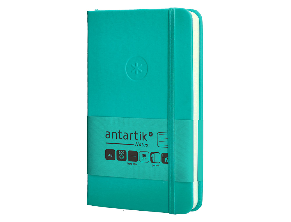 CUADERNO CON GOMILLA ANTARTIK NOTES TAPA DURA A6 HOJAS RAYAS TURQUESA 100 HOJAS 80 GR FSC