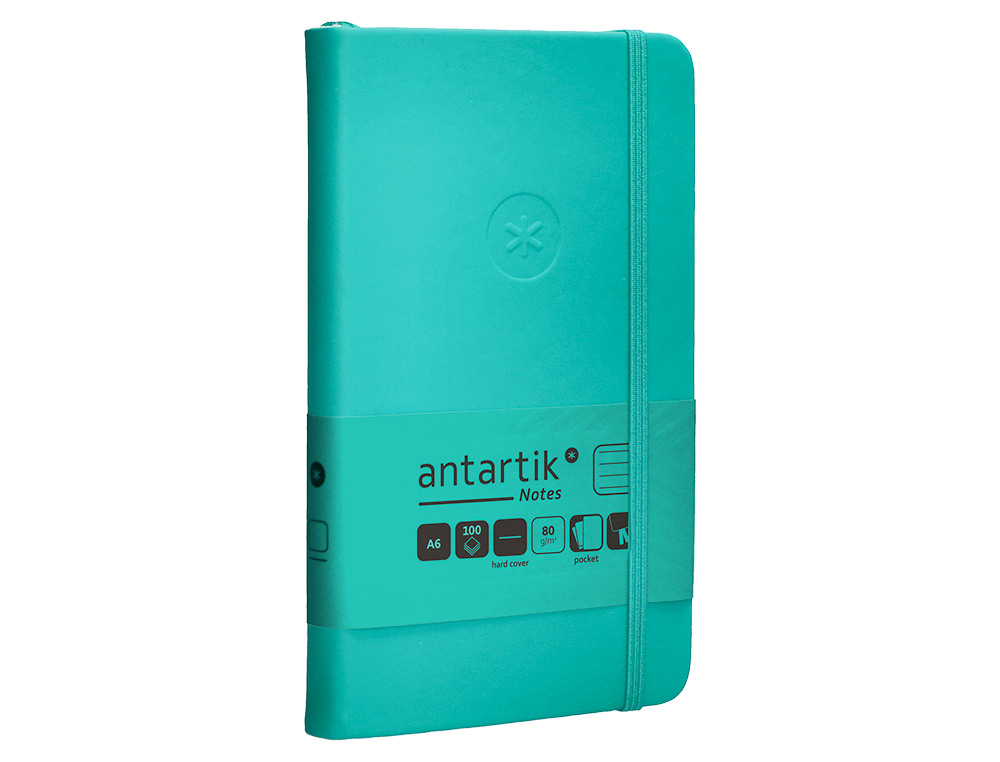CUADERNO CON GOMILLA ANTARTIK NOTES TAPA DURA A6 HOJAS RAYAS TURQUESA 100 HOJAS 80 GR FSC