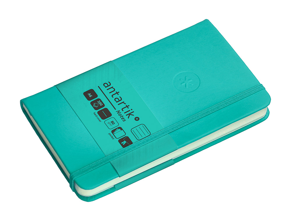 CUADERNO CON GOMILLA ANTARTIK NOTES TAPA DURA A6 HOJAS RAYAS TURQUESA 100 HOJAS 80 GR FSC