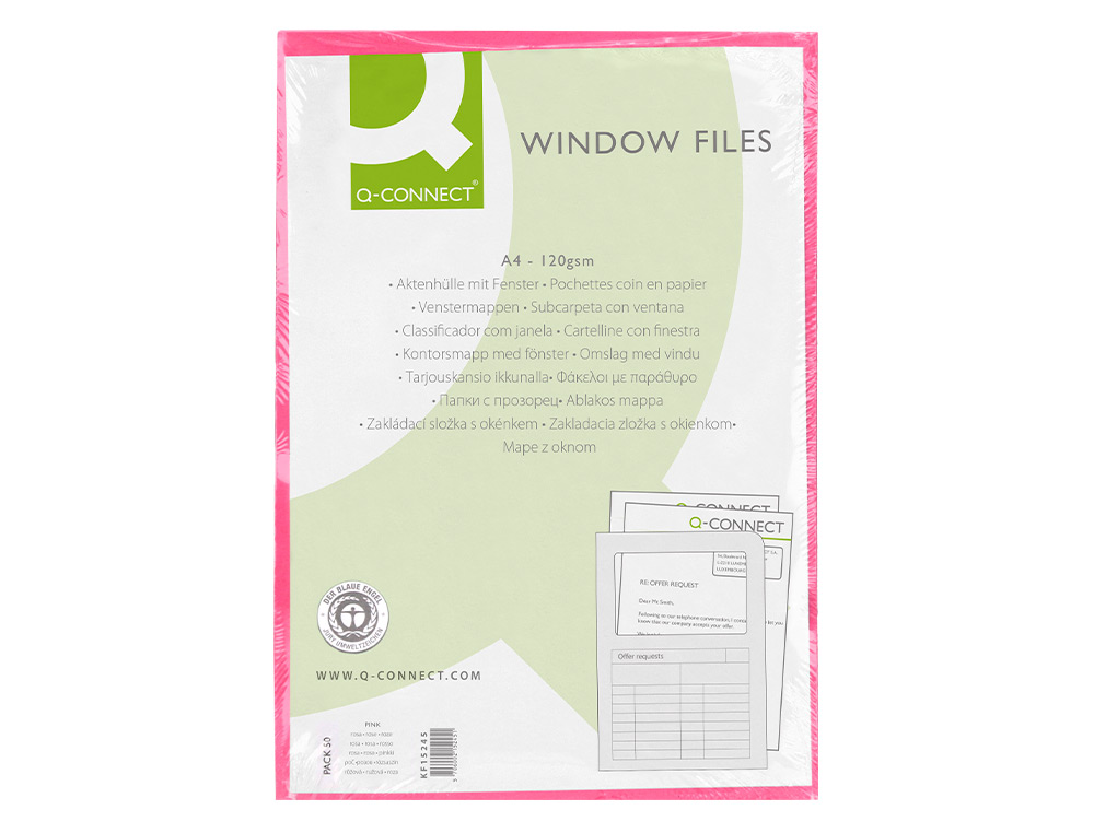 SUBCARPETA CARTULINA Q-CONNECT DIN A4 ROSA CON VENTANA TRANSPARENTE 120 G/M2