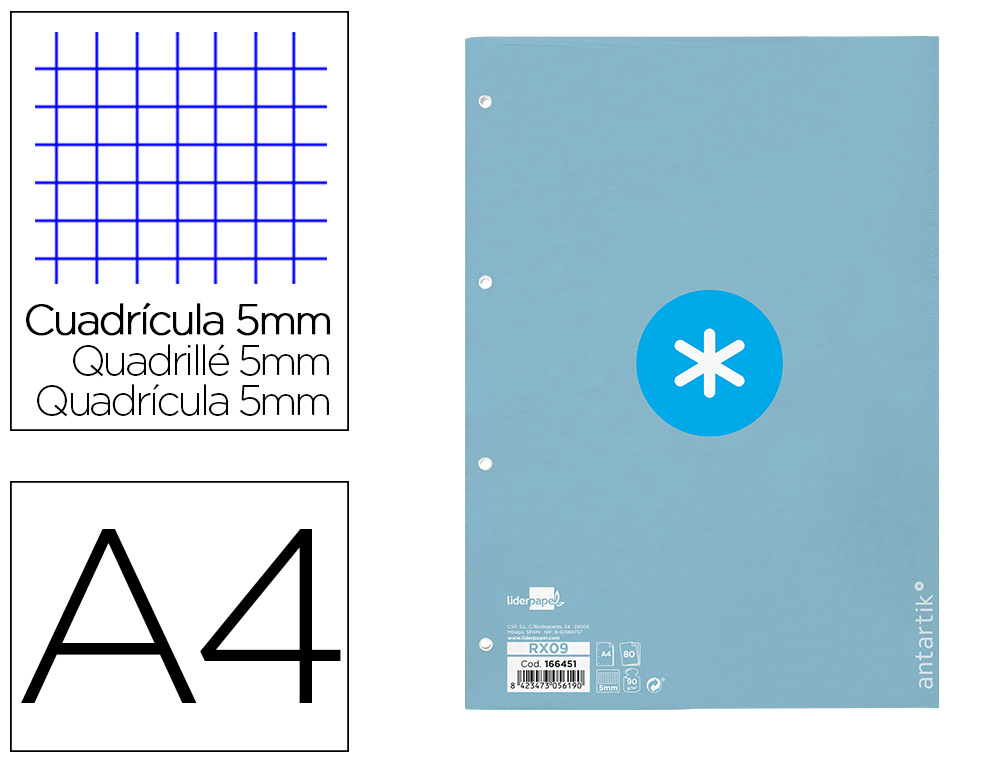RECAMBIO ANTARTIK A4 80 HOJAS 90GR CUADRO 5MM 4 TALADROS 1 BANDA CON MARCO COLOR CELESTE