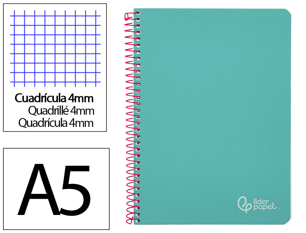 CUADERNO ESPIRAL LIDERPAPEL DIN A5 WITTY TAPA DURA 80H 90GR CUADRO 4MM CON MARGEN COLOR TURQUESA