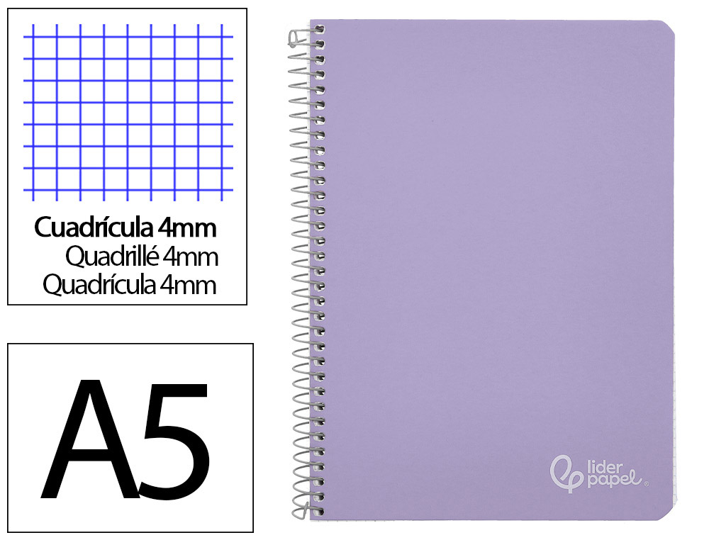 CUADERNO ESPIRAL LIDERPAPEL DIN A5 WITTY TAPA DURA 80H 90GR CUADRO 4MM CON MARGEN COLOR VIOLETA