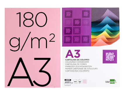 CARTULINA LIDERPAPEL A3 180G/M2 ROSA PAQUETE DE 100 HOJAS